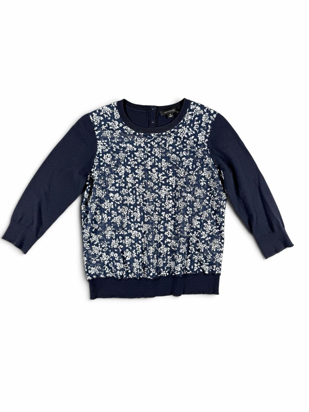Ann Taylor Floral Lace Front 3/4 Sleeve Sweater Navy Blue Medium